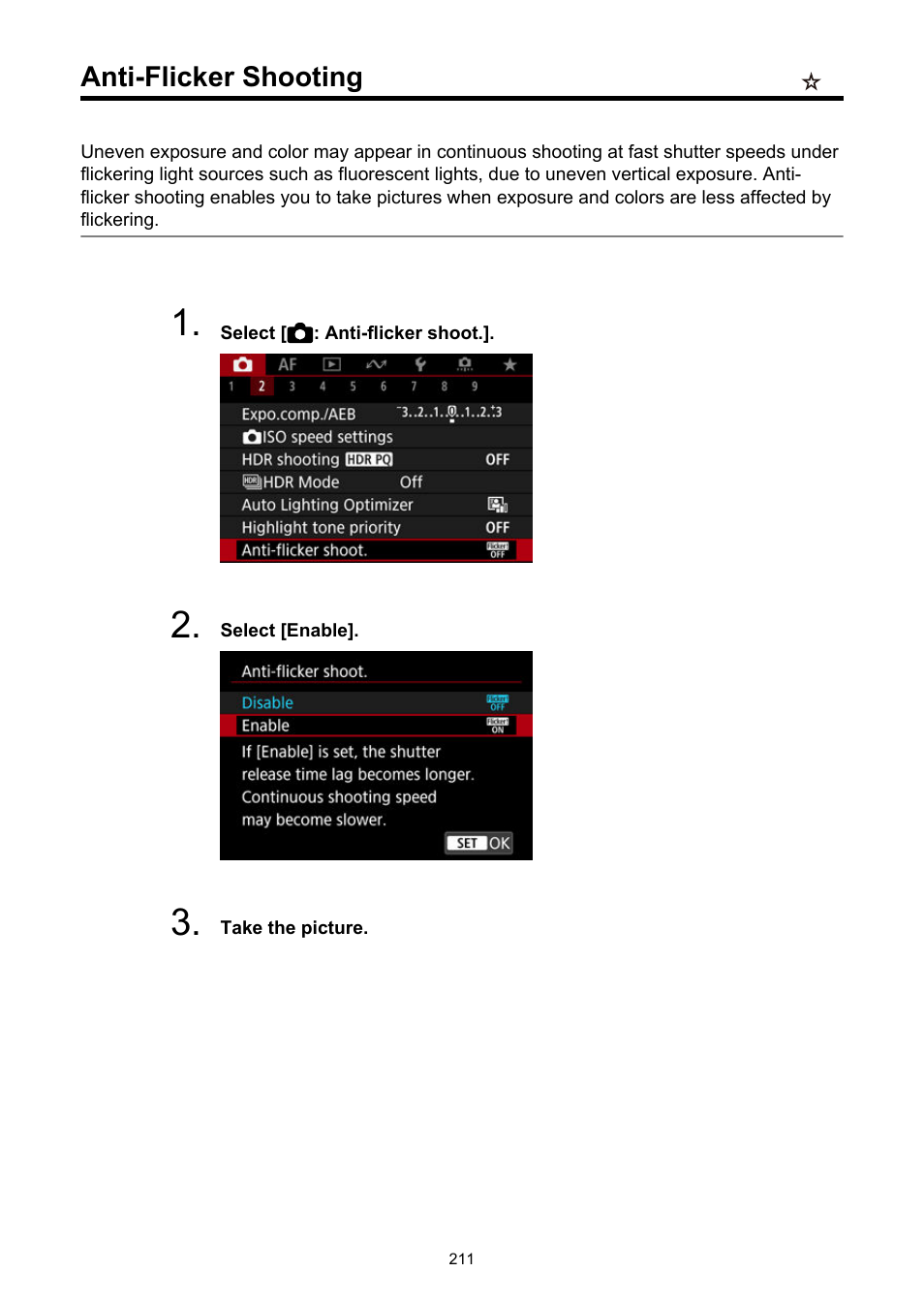 Anti-flicker shooting, Anti-flicker shoot | Canon EOS R50 Mirrorless Camera (White) User Manual | Page 211 / 810