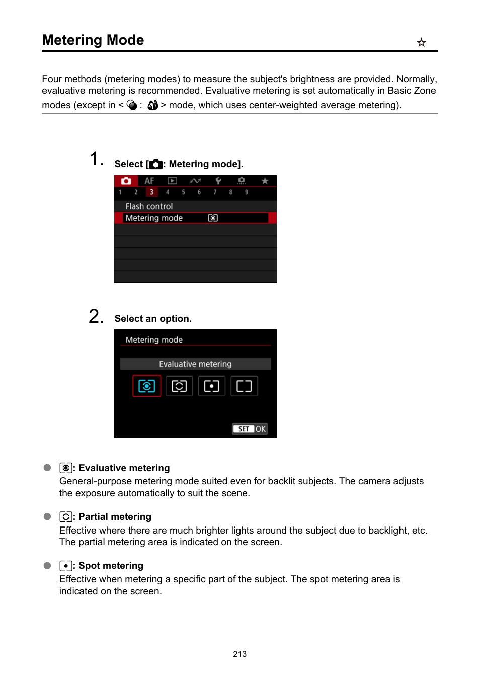 Metering mode, Selection | Canon EOS R50 Mirrorless Camera (White) User Manual | Page 213 / 810