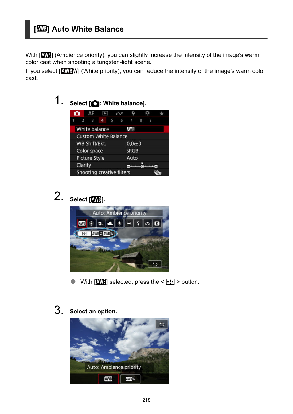 Auto white balance, Setting instructions, see, Auto (ambience priority) | Auto (white priority) | Canon EOS R50 Mirrorless Camera (White) User Manual | Page 218 / 810