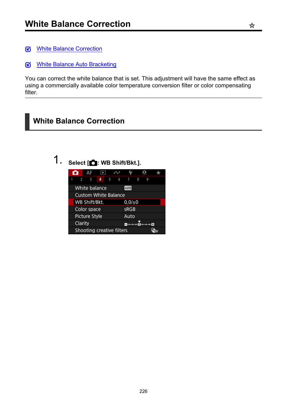 White balance correction, Wb shift/bkt | Canon EOS R50 Mirrorless Camera (White) User Manual | Page 226 / 810