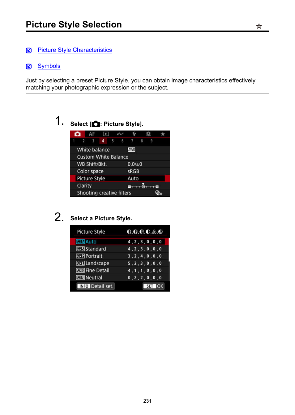 Picture style selection, Again | Canon EOS R50 Mirrorless Camera (White) User Manual | Page 231 / 810