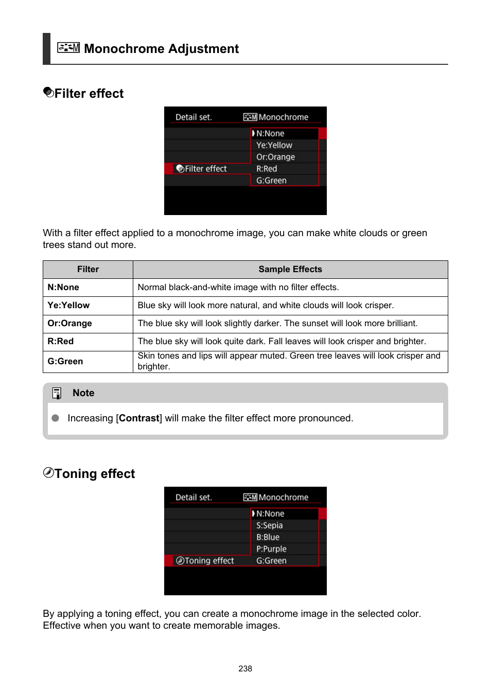 Monochrome adjustment, Monochrome adjustment filter effect, Toning effect | Canon EOS R50 Mirrorless Camera (White) User Manual | Page 238 / 810