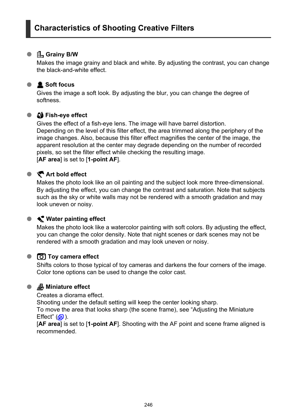 Dial to select a filter effect, Dial to adjust the filter effect, Characteristics of shooting creative filters | Canon EOS R50 Mirrorless Camera (White) User Manual | Page 246 / 810