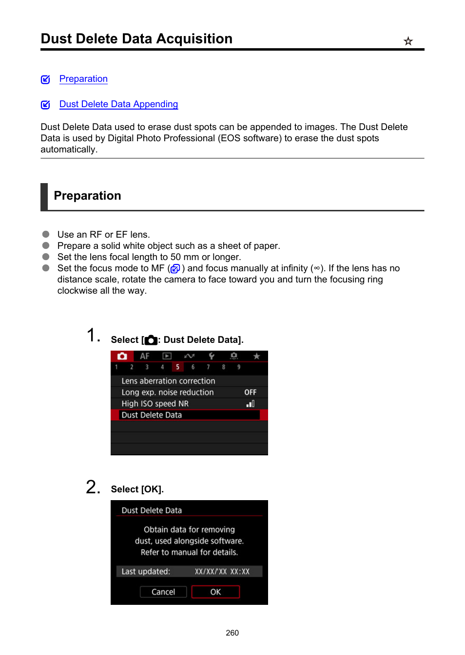 Dust delete data acquisition, Dust delete data | Canon EOS R50 Mirrorless Camera (White) User Manual | Page 260 / 810