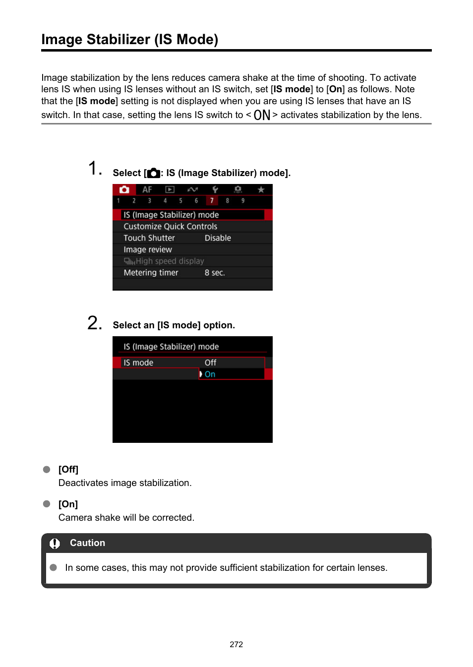 Image stabilizer (is mode), Is (image stabilizer) mode | Canon EOS R50 Mirrorless Camera (White) User Manual | Page 272 / 810