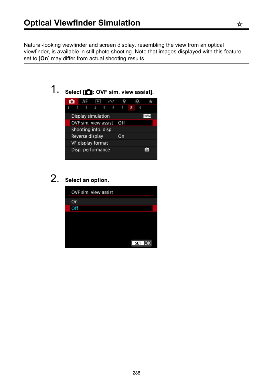 Optical viewfinder simulation, Ovf sim. view assist | Canon EOS R50 Mirrorless Camera (White) User Manual | Page 288 / 810