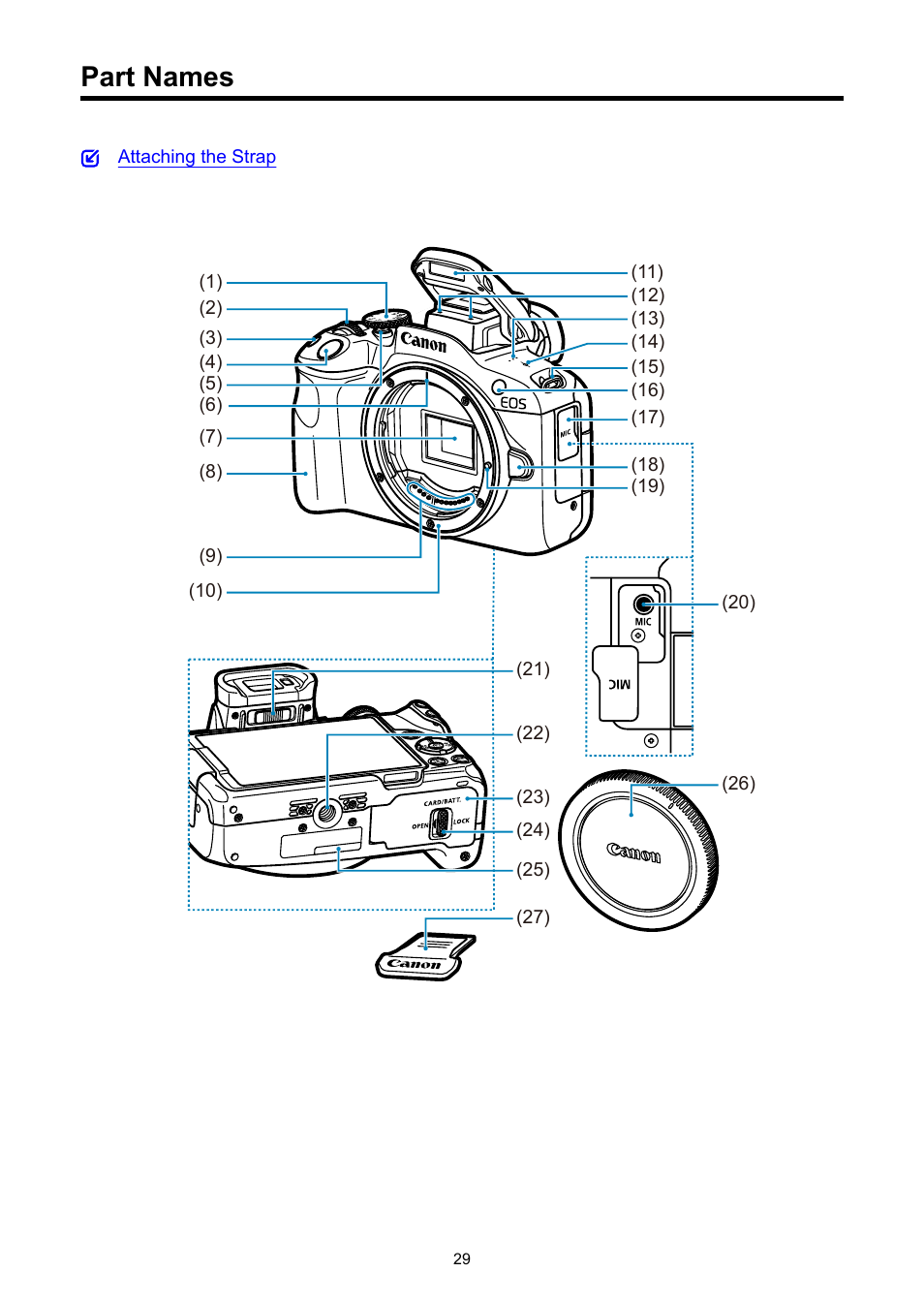 Part names | Canon EOS R50 Mirrorless Camera (White) User Manual | Page 29 / 810