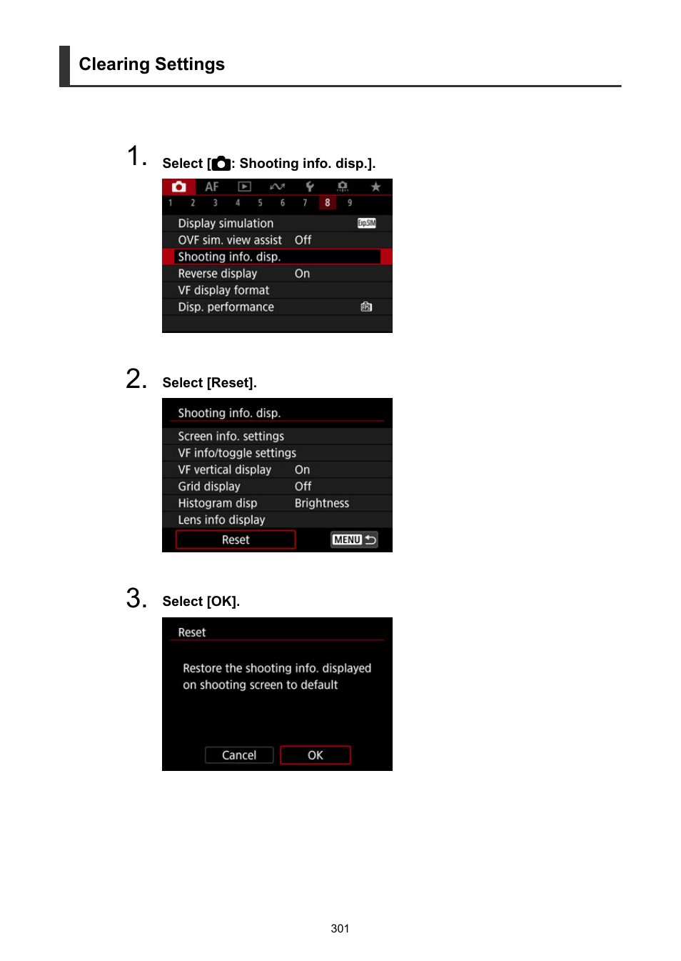 Clearing settings | Canon EOS R50 Mirrorless Camera (White) User Manual | Page 301 / 810