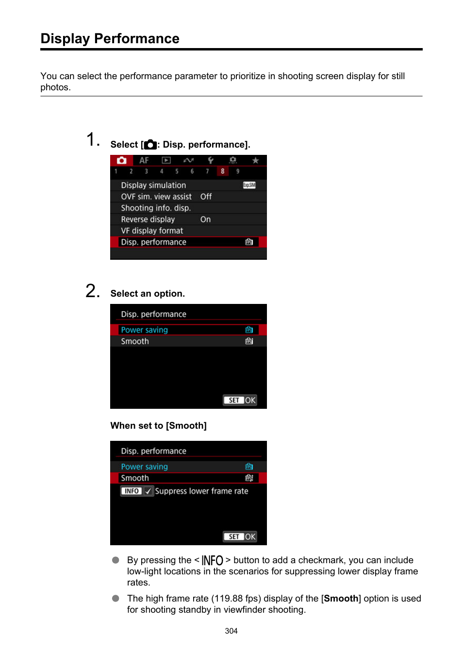 Display performance, Disp. performance | Canon EOS R50 Mirrorless Camera (White) User Manual | Page 304 / 810