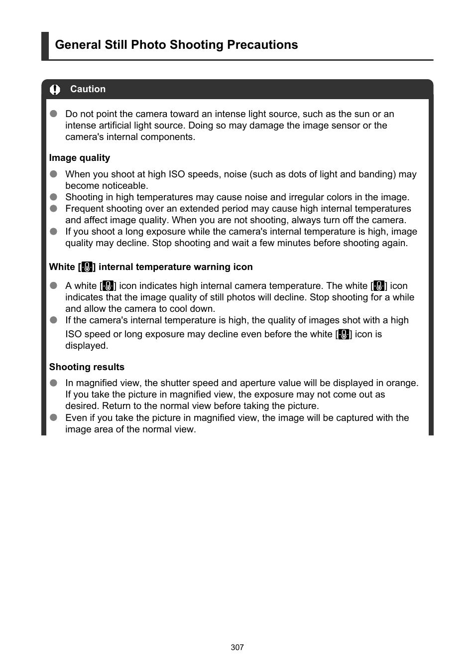 General still photo shooting precautions | Canon EOS R50 Mirrorless Camera (White) User Manual | Page 307 / 810