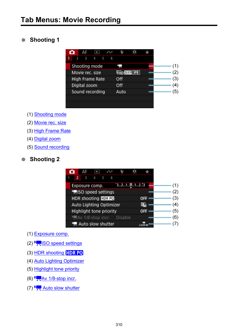Tab menus: movie recording | Canon EOS R50 Mirrorless Camera (White) User Manual | Page 310 / 810