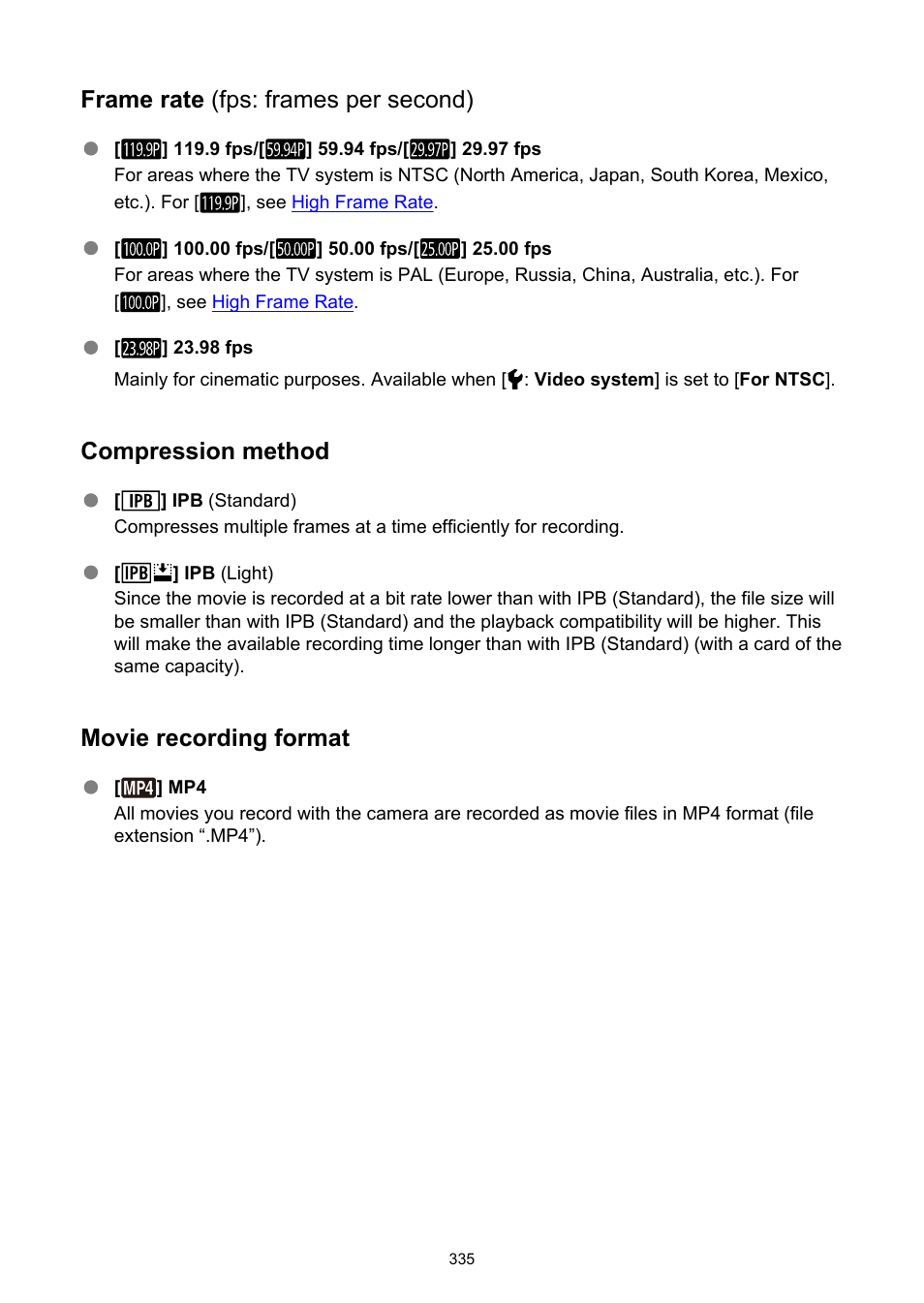 Frame rate (fps: frames per second), Compression method, Movie recording format | Canon EOS R50 Mirrorless Camera (White) User Manual | Page 335 / 810