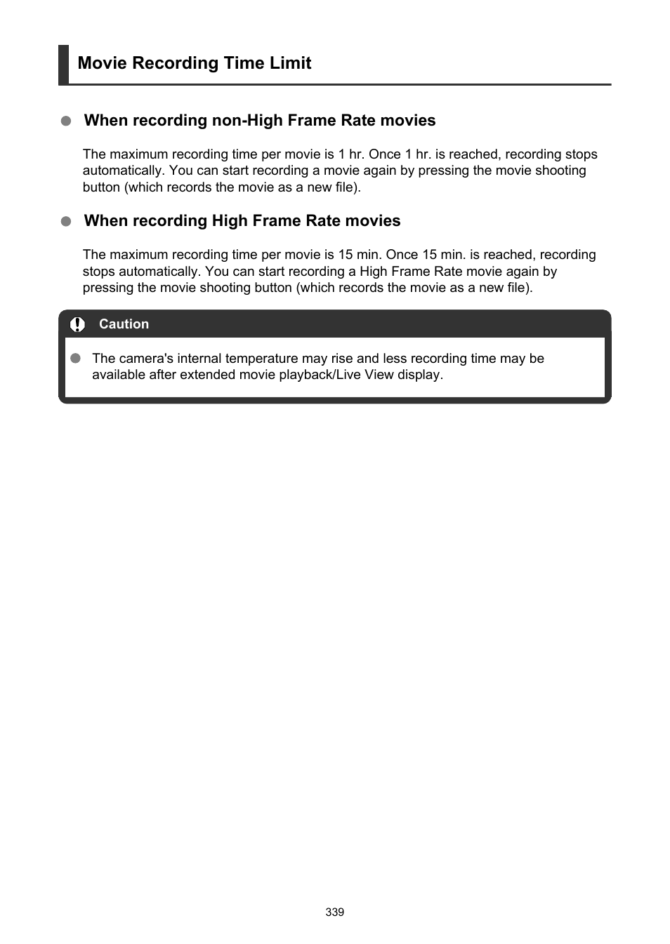 Movie recording time limit | Canon EOS R50 Mirrorless Camera (White) User Manual | Page 339 / 810