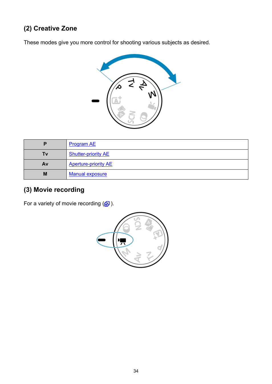 2) creative zone, 3) movie recording | Canon EOS R50 Mirrorless Camera (White) User Manual | Page 34 / 810