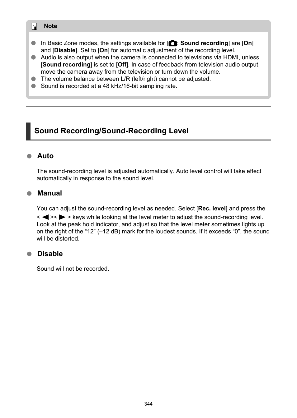 Sound recording/sound-recording level | Canon EOS R50 Mirrorless Camera (White) User Manual | Page 344 / 810