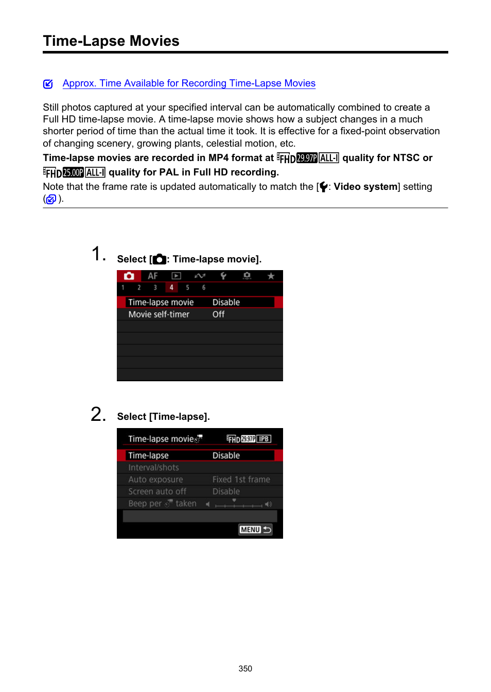 Time-lapse movies, Time-lapse movie | Canon EOS R50 Mirrorless Camera (White) User Manual | Page 350 / 810