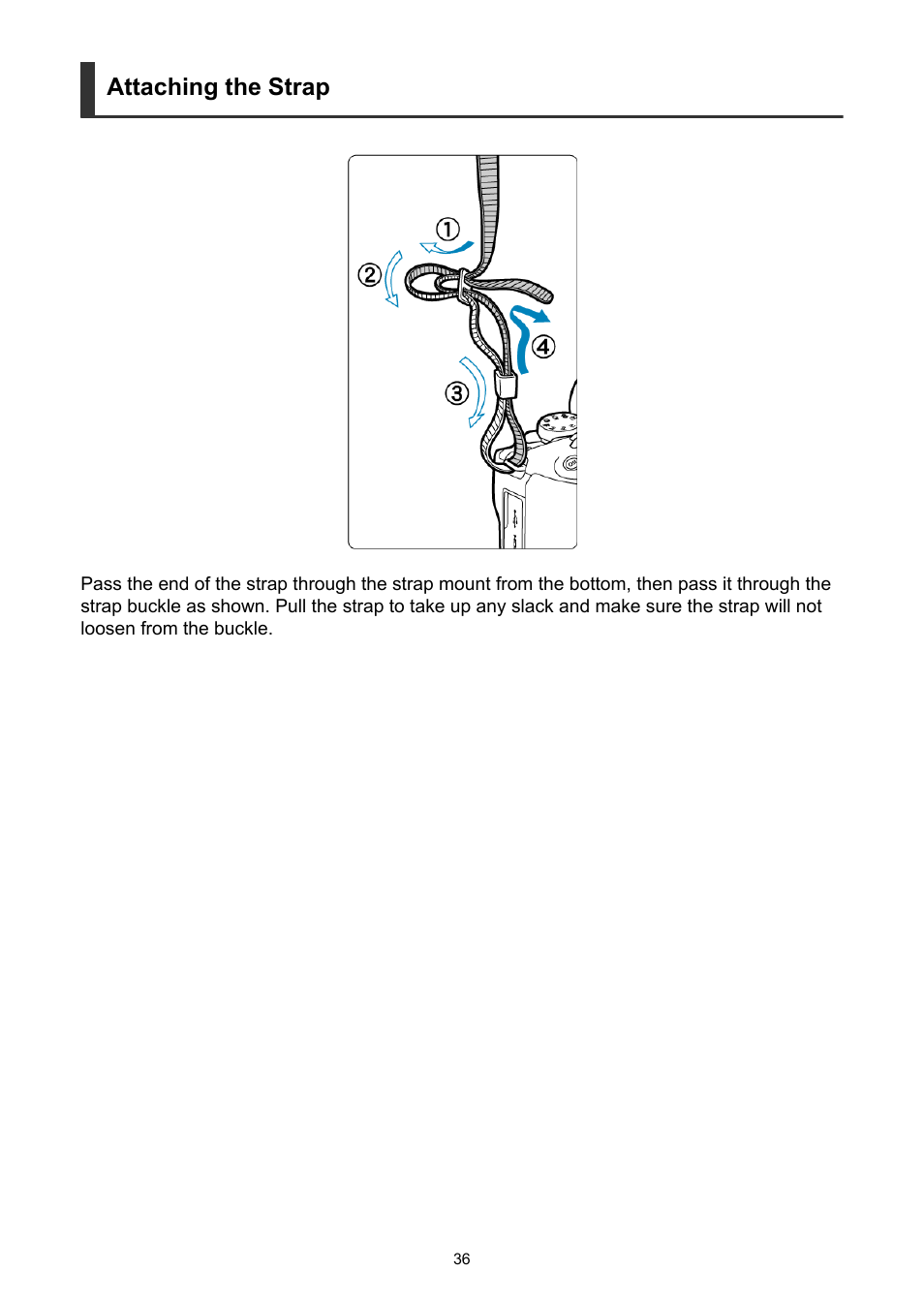 Attaching the strap | Canon EOS R50 Mirrorless Camera (White) User Manual | Page 36 / 810