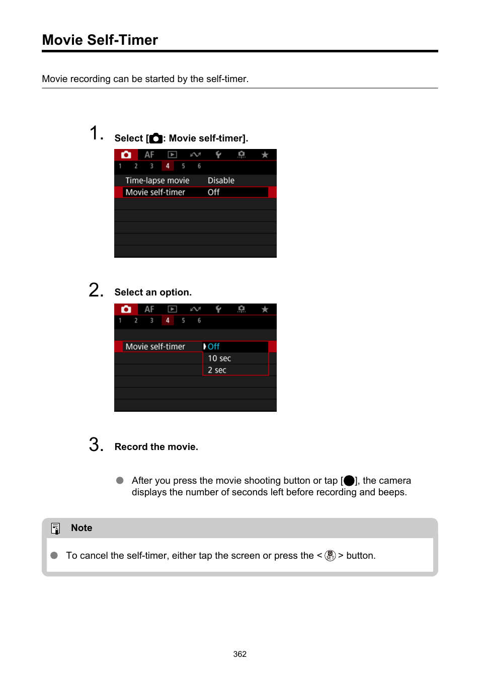 Movie self-timer | Canon EOS R50 Mirrorless Camera (White) User Manual | Page 362 / 810