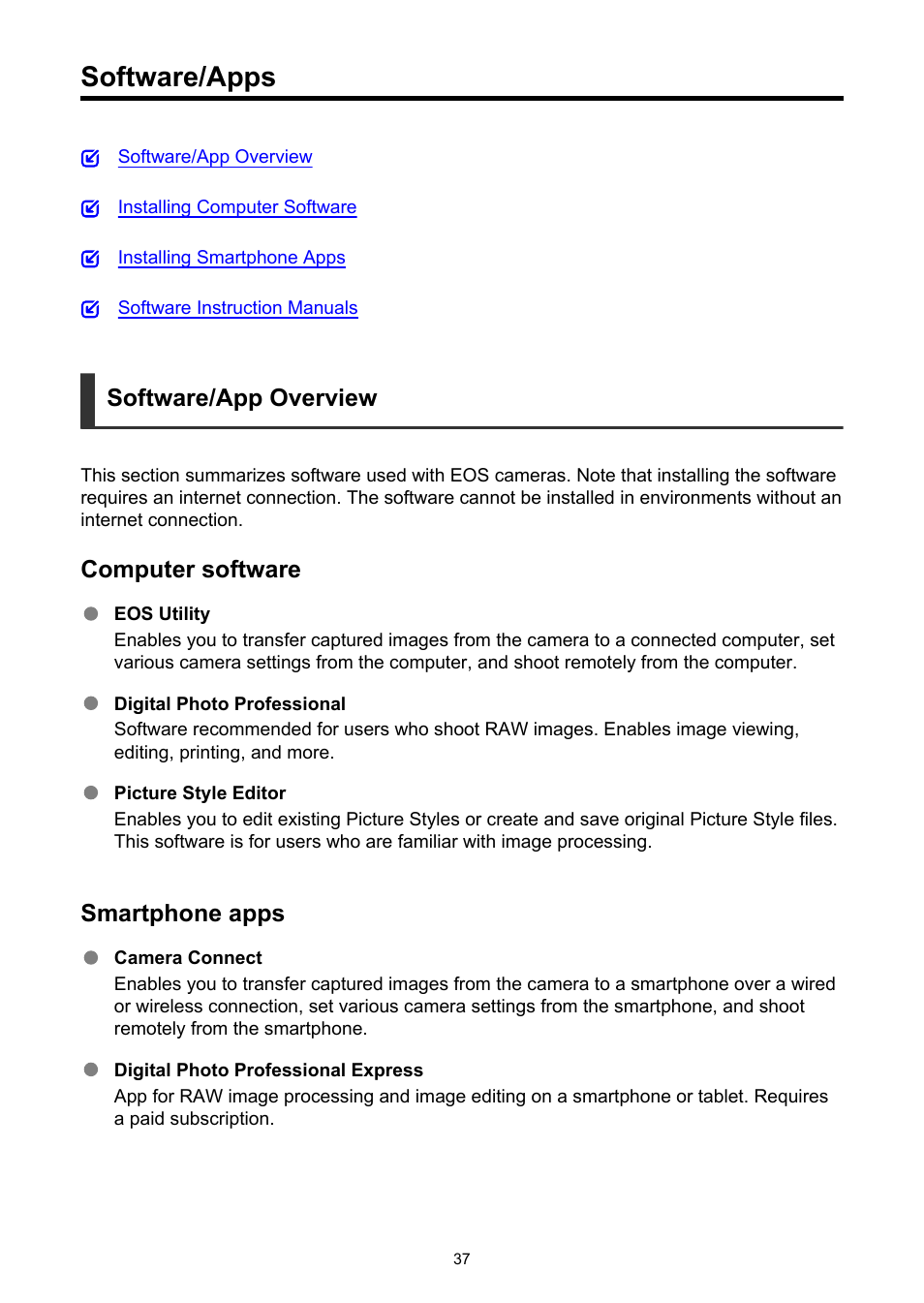 Software/apps, Software/app overview, Computer software | Smartphone apps | Canon EOS R50 Mirrorless Camera (White) User Manual | Page 37 / 810