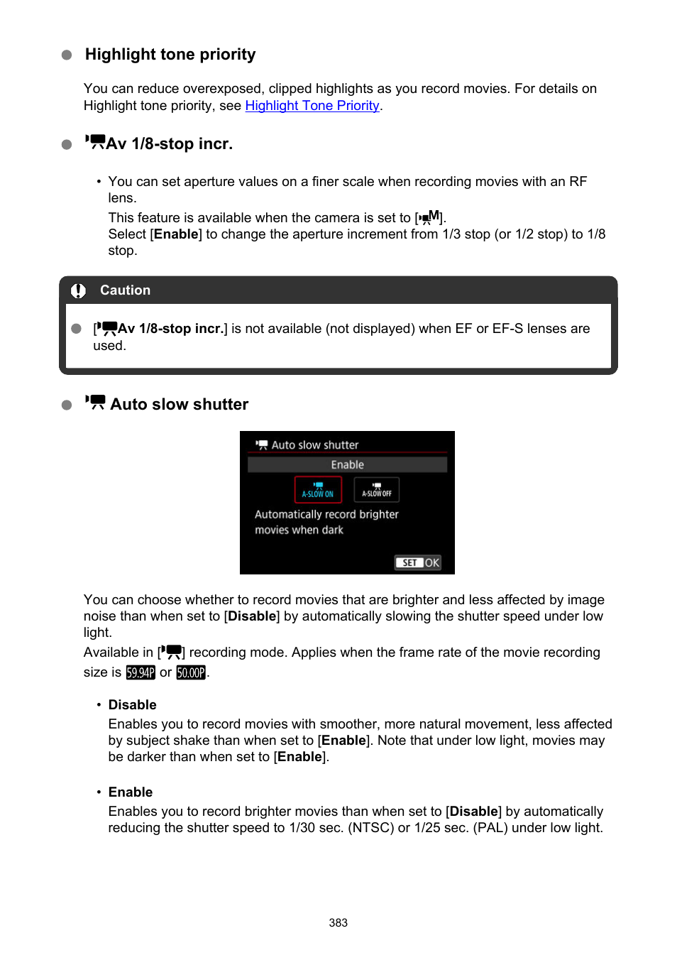 Auto slow shutter, Av 1/8-stop incr | Canon EOS R50 Mirrorless Camera (White) User Manual | Page 383 / 810