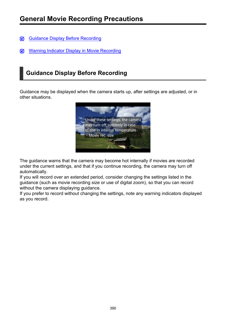 General movie recording precautions, Recording | Canon EOS R50 Mirrorless Camera (White) User Manual | Page 390 / 810