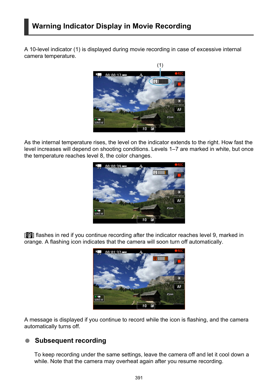 Warning indicator display in movie recording | Canon EOS R50 Mirrorless Camera (White) User Manual | Page 391 / 810