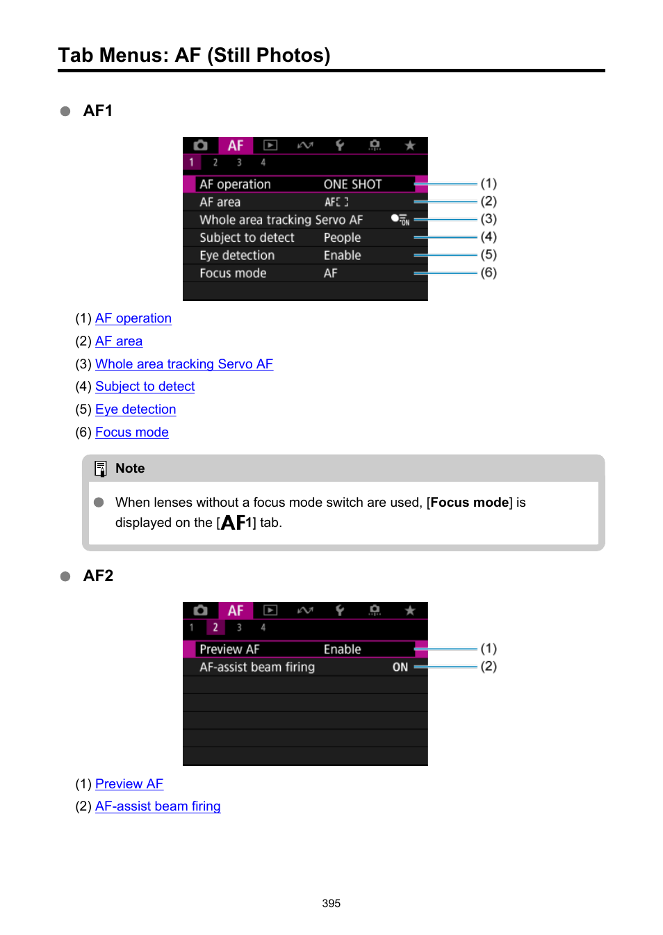 Tab menus: af (still photos) | Canon EOS R50 Mirrorless Camera (White) User Manual | Page 395 / 810