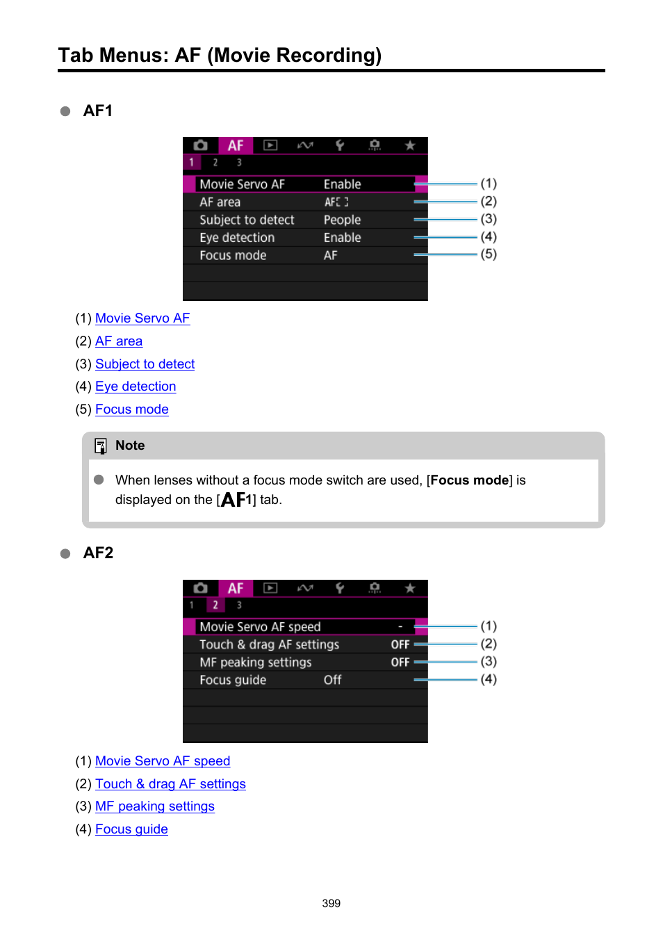 Tab menus: af (movie recording) | Canon EOS R50 Mirrorless Camera (White) User Manual | Page 399 / 810