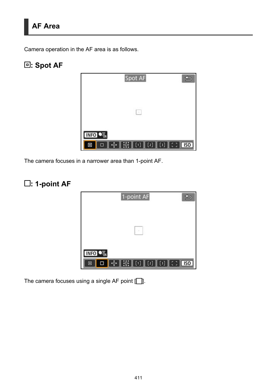 Af area, Spot af, Point af | Canon EOS R50 Mirrorless Camera (White) User Manual | Page 411 / 810
