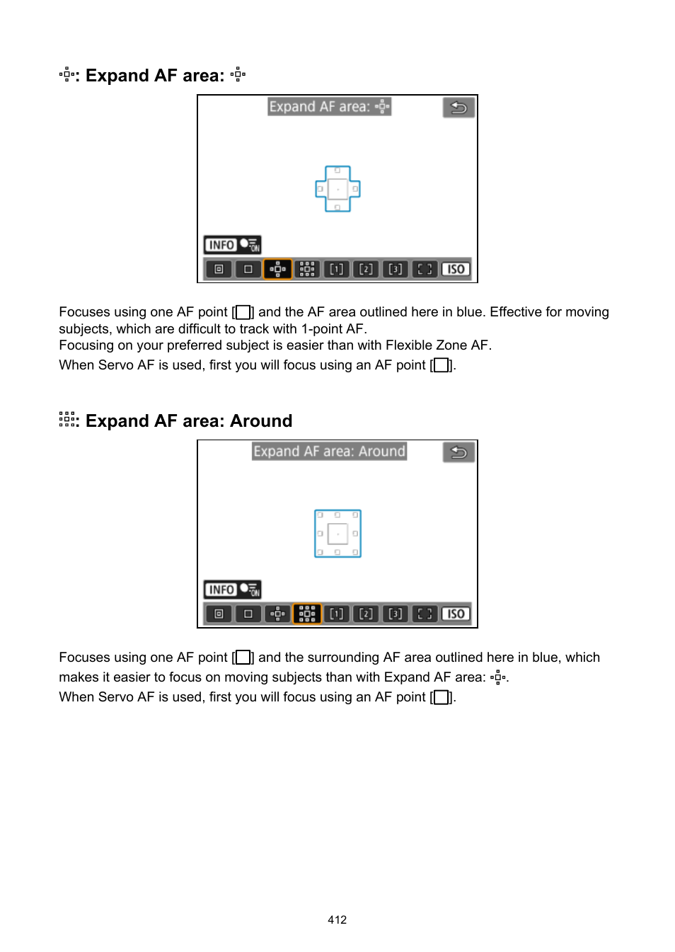 Expand af area, Expand af area: around | Canon EOS R50 Mirrorless Camera (White) User Manual | Page 412 / 810