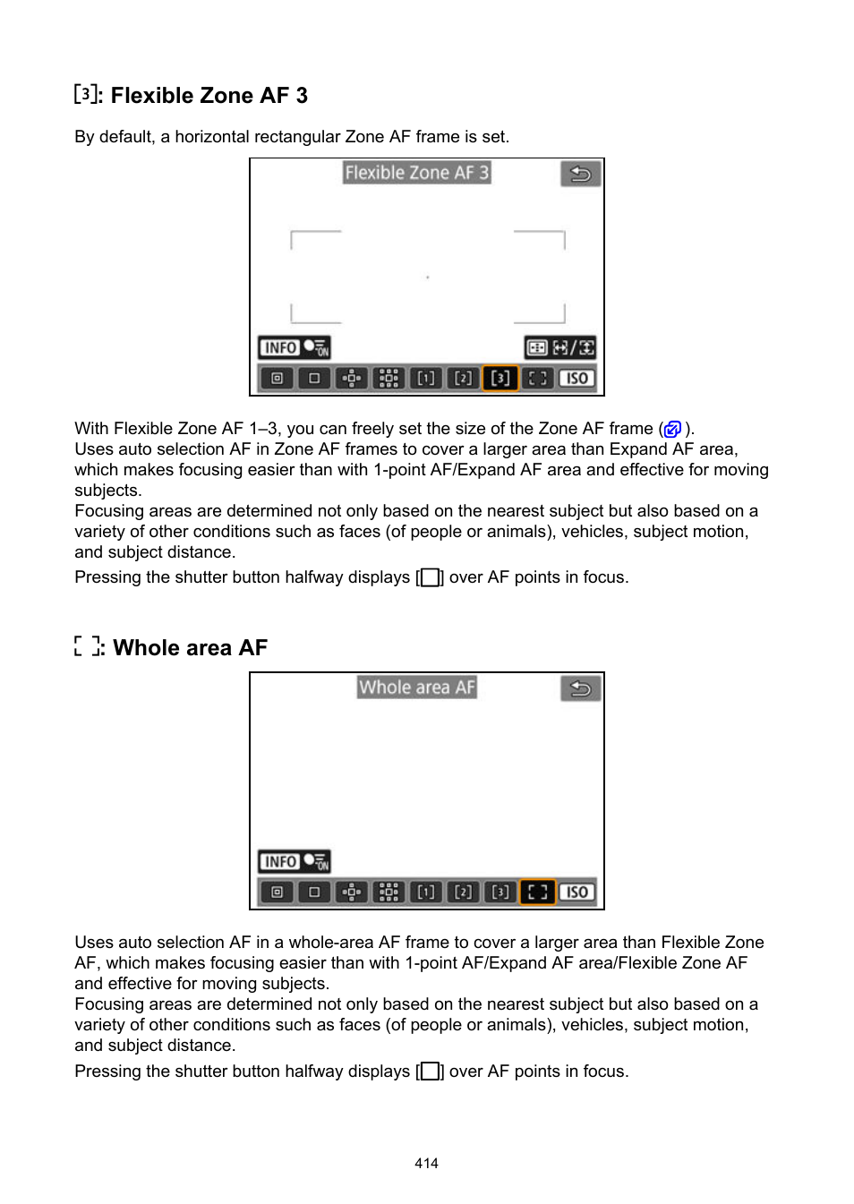 Flexible zone af 3, Whole area af | Canon EOS R50 Mirrorless Camera (White) User Manual | Page 414 / 810