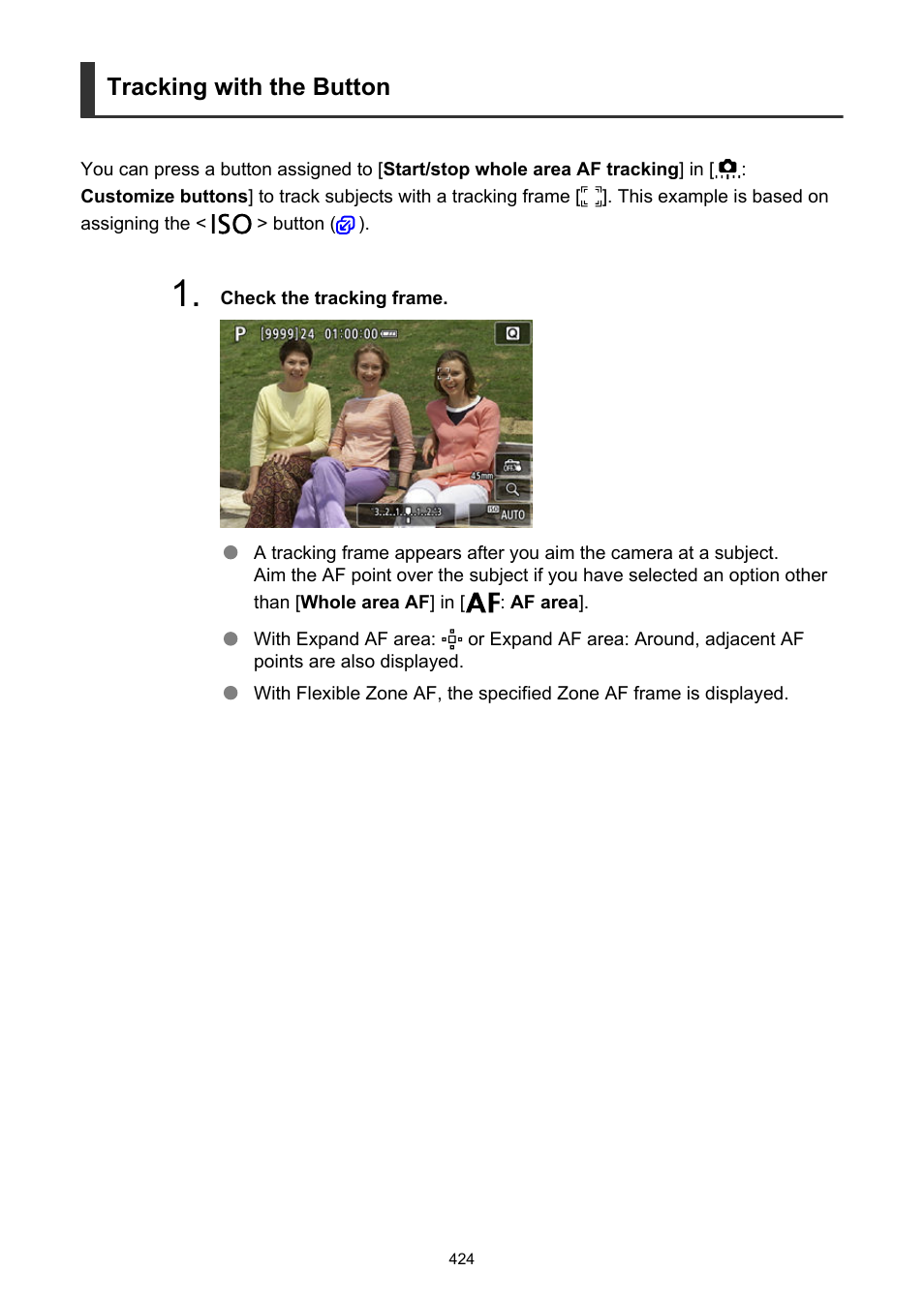 Tracking with the button | Canon EOS R50 Mirrorless Camera (White) User Manual | Page 424 / 810