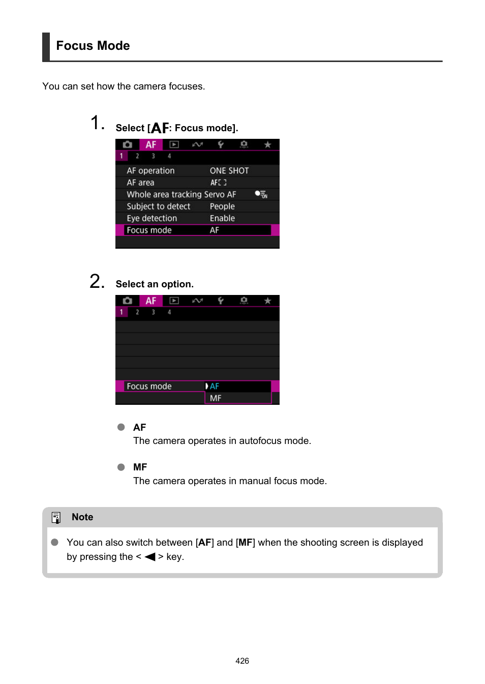 Focus mode | Canon EOS R50 Mirrorless Camera (White) User Manual | Page 426 / 810
