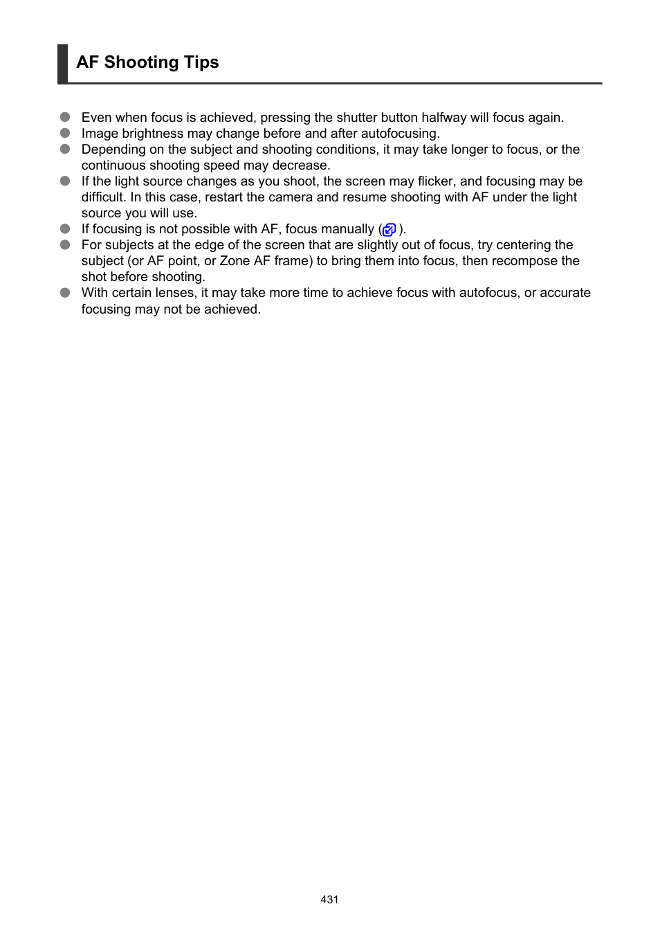 Af shooting tips | Canon EOS R50 Mirrorless Camera (White) User Manual | Page 431 / 810