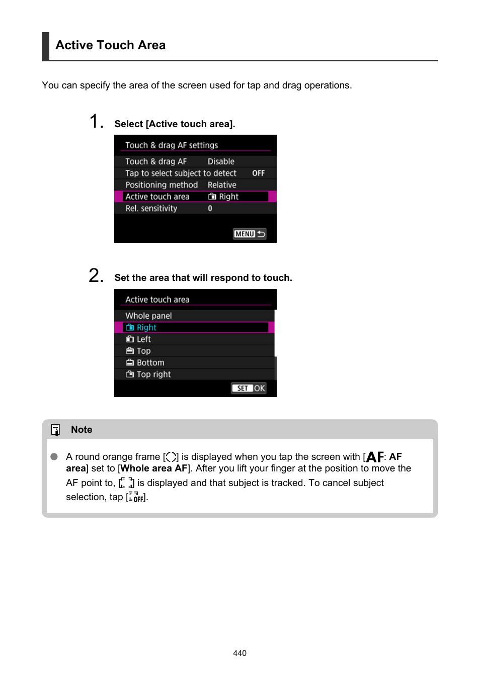 Active touch area | Canon EOS R50 Mirrorless Camera (White) User Manual | Page 440 / 810