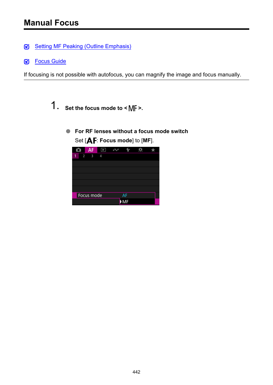 Manual focus, Focusing | Canon EOS R50 Mirrorless Camera (White) User Manual | Page 442 / 810