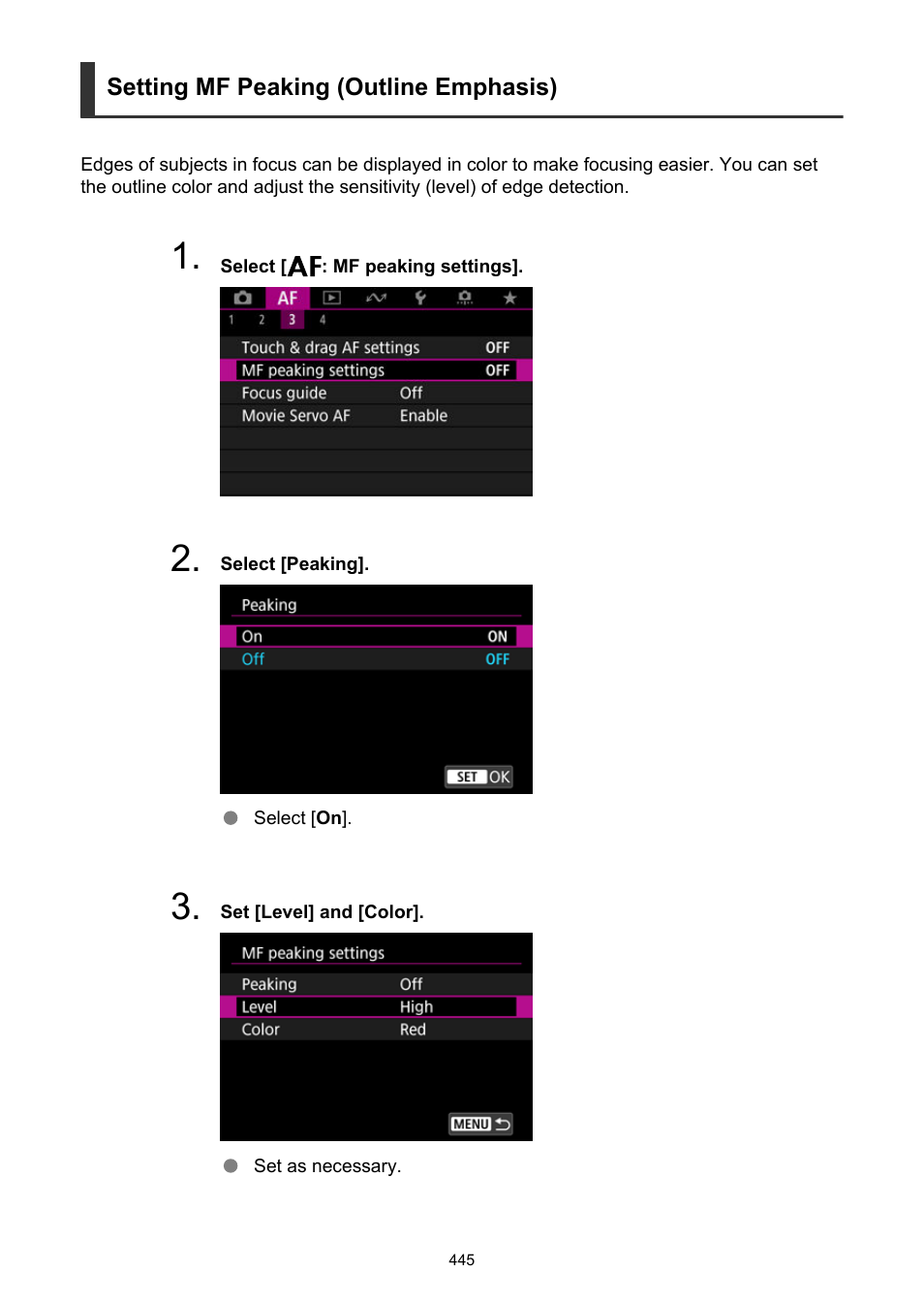 Mf peaking settings | Canon EOS R50 Mirrorless Camera (White) User Manual | Page 445 / 810