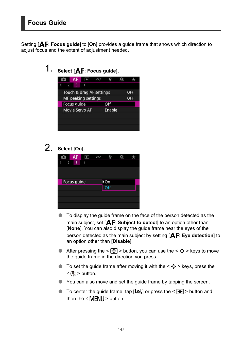 Focus guide | Canon EOS R50 Mirrorless Camera (White) User Manual | Page 447 / 810