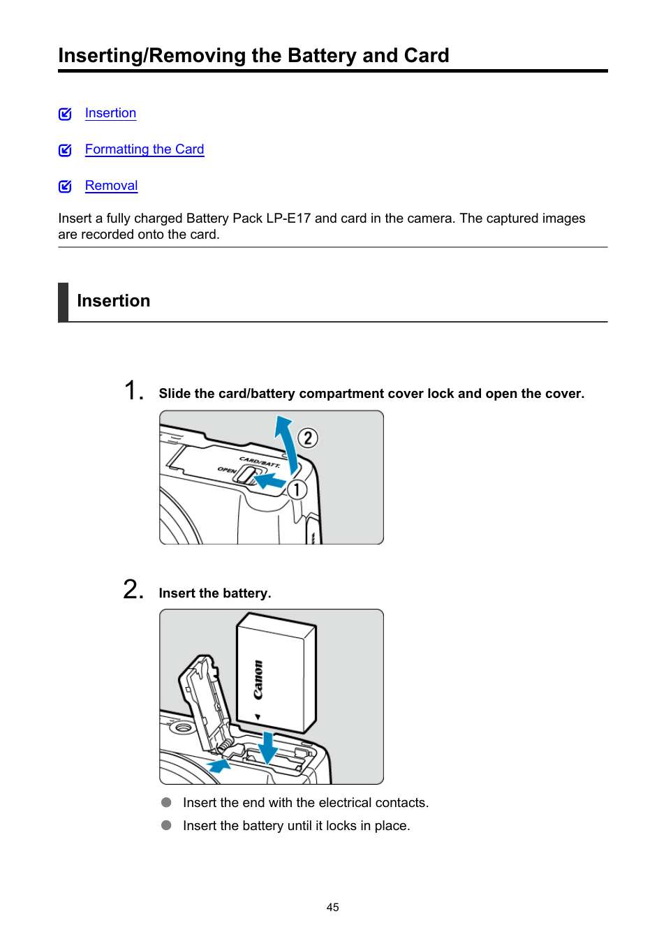 Inserting/removing the battery and card | Canon EOS R50 Mirrorless Camera (White) User Manual | Page 45 / 810