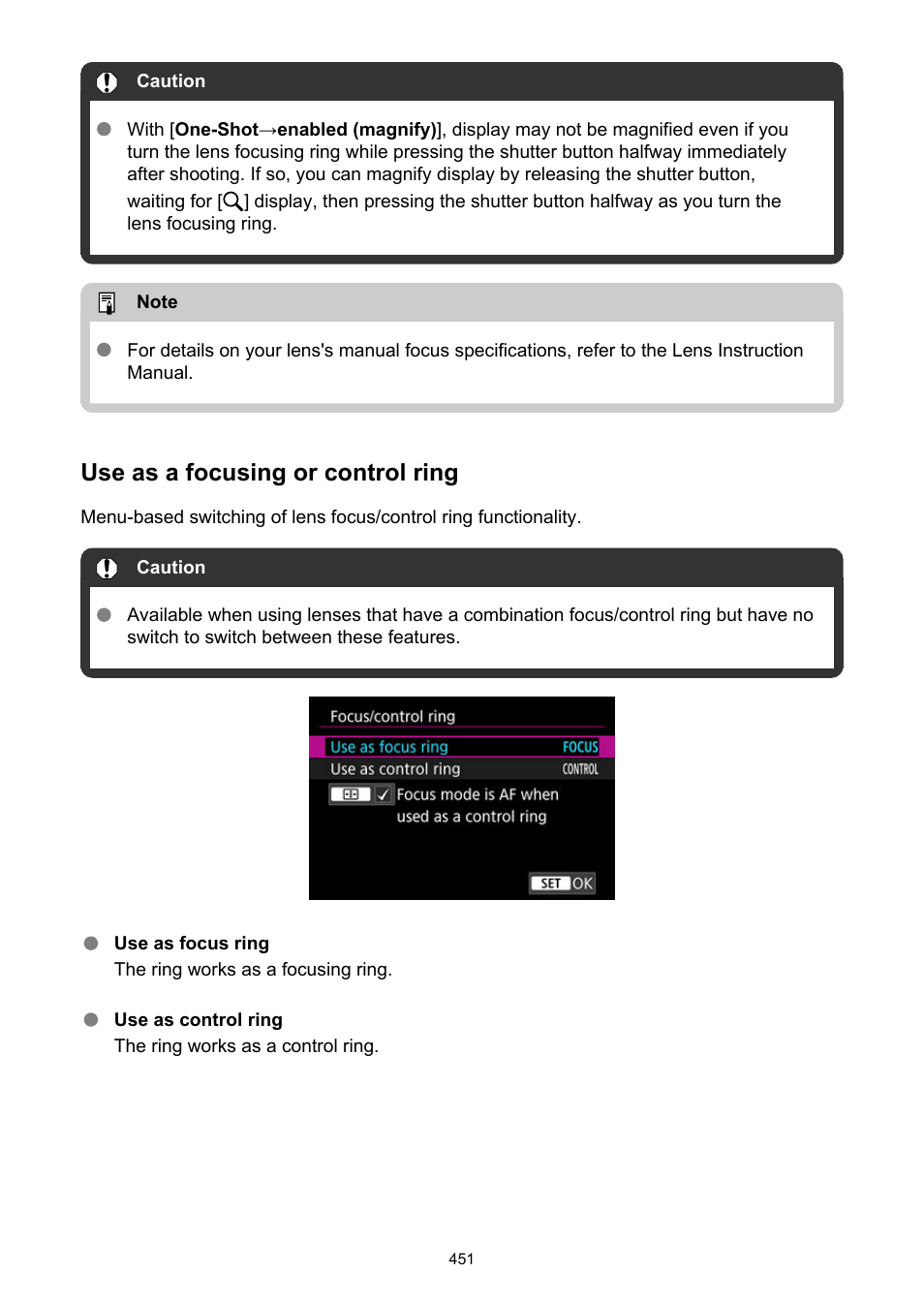 Focus/control ring, Use as a focusing or control ring | Canon EOS R50 Mirrorless Camera (White) User Manual | Page 451 / 810