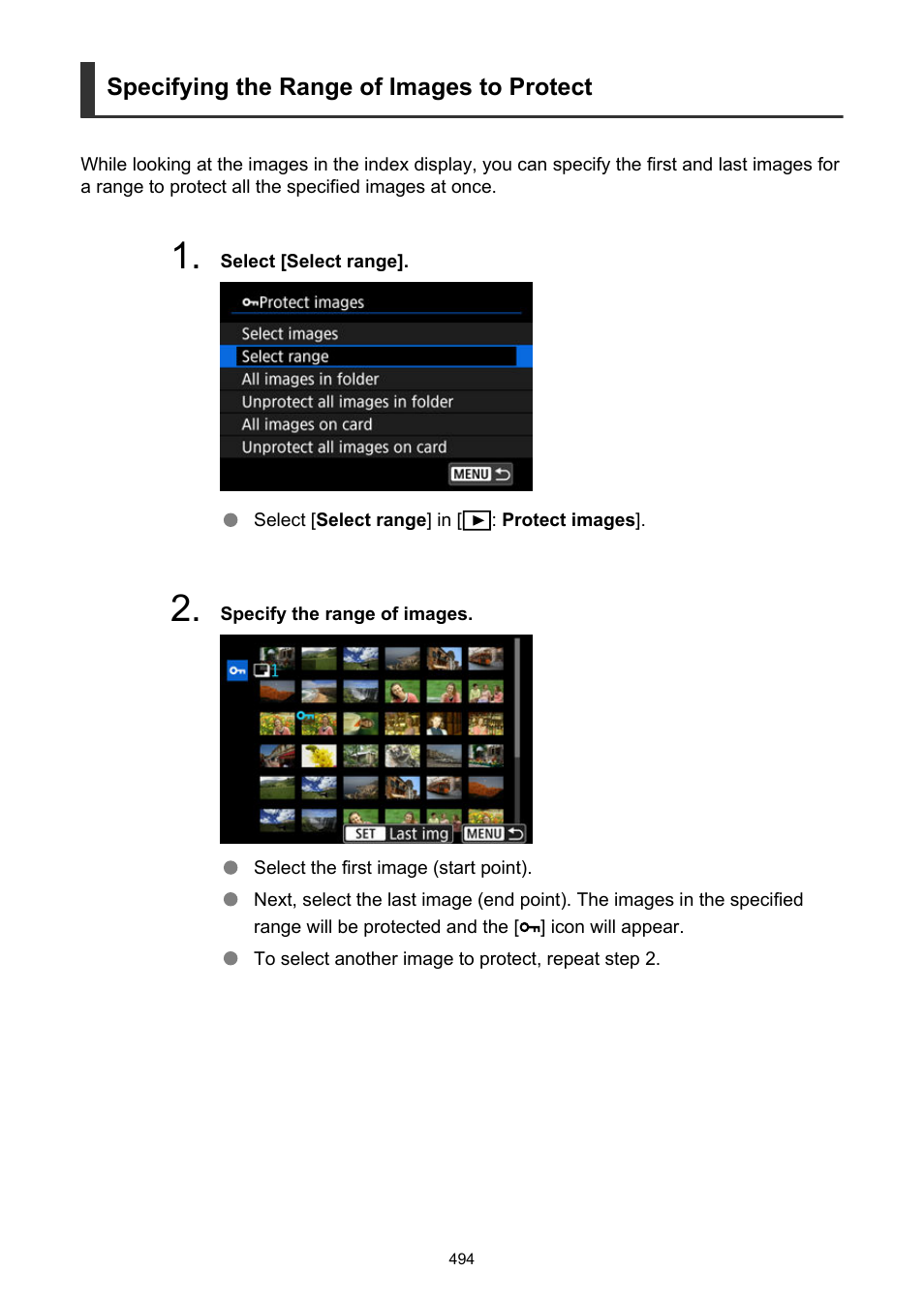 Specifying the range of images to protect | Canon EOS R50 Mirrorless Camera (White) User Manual | Page 494 / 810