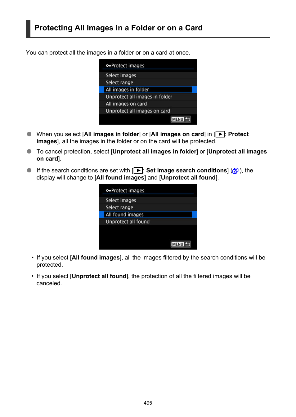 Protecting all images in a folder or on a card, If you erase all the images, Only the protected images will remain. this is | Canon EOS R50 Mirrorless Camera (White) User Manual | Page 495 / 810