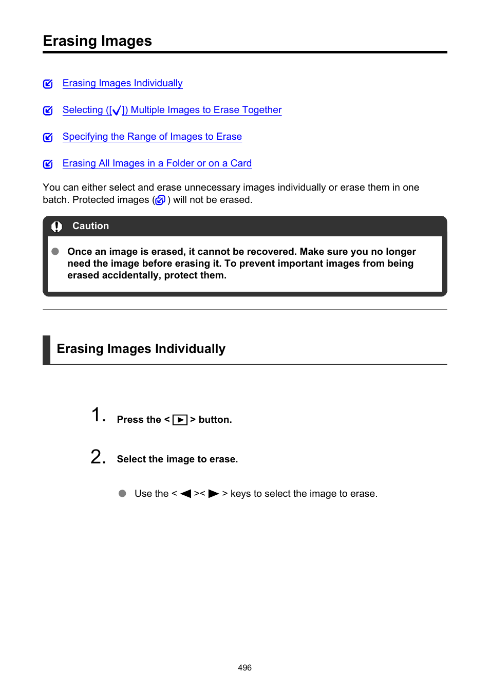 Erasing images, Erase images | Canon EOS R50 Mirrorless Camera (White) User Manual | Page 496 / 810