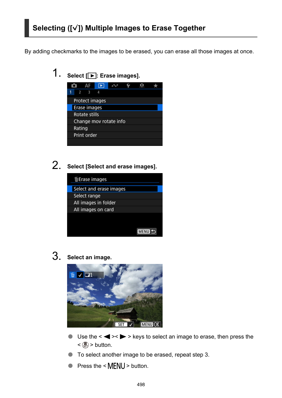 Selecting ([ ]) multiple images to erase together | Canon EOS R50 Mirrorless Camera (White) User Manual | Page 498 / 810