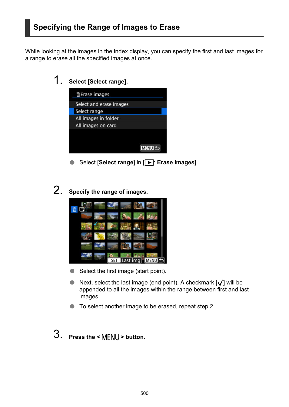 Specifying the range of images to erase | Canon EOS R50 Mirrorless Camera (White) User Manual | Page 500 / 810