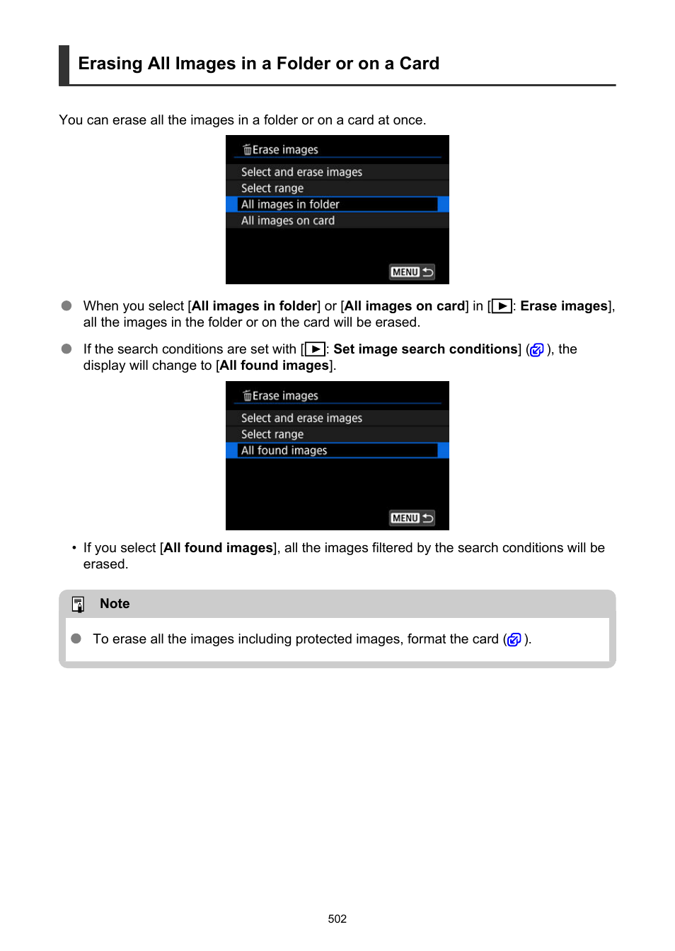 Erasing all images in a folder or on a card | Canon EOS R50 Mirrorless Camera (White) User Manual | Page 502 / 810