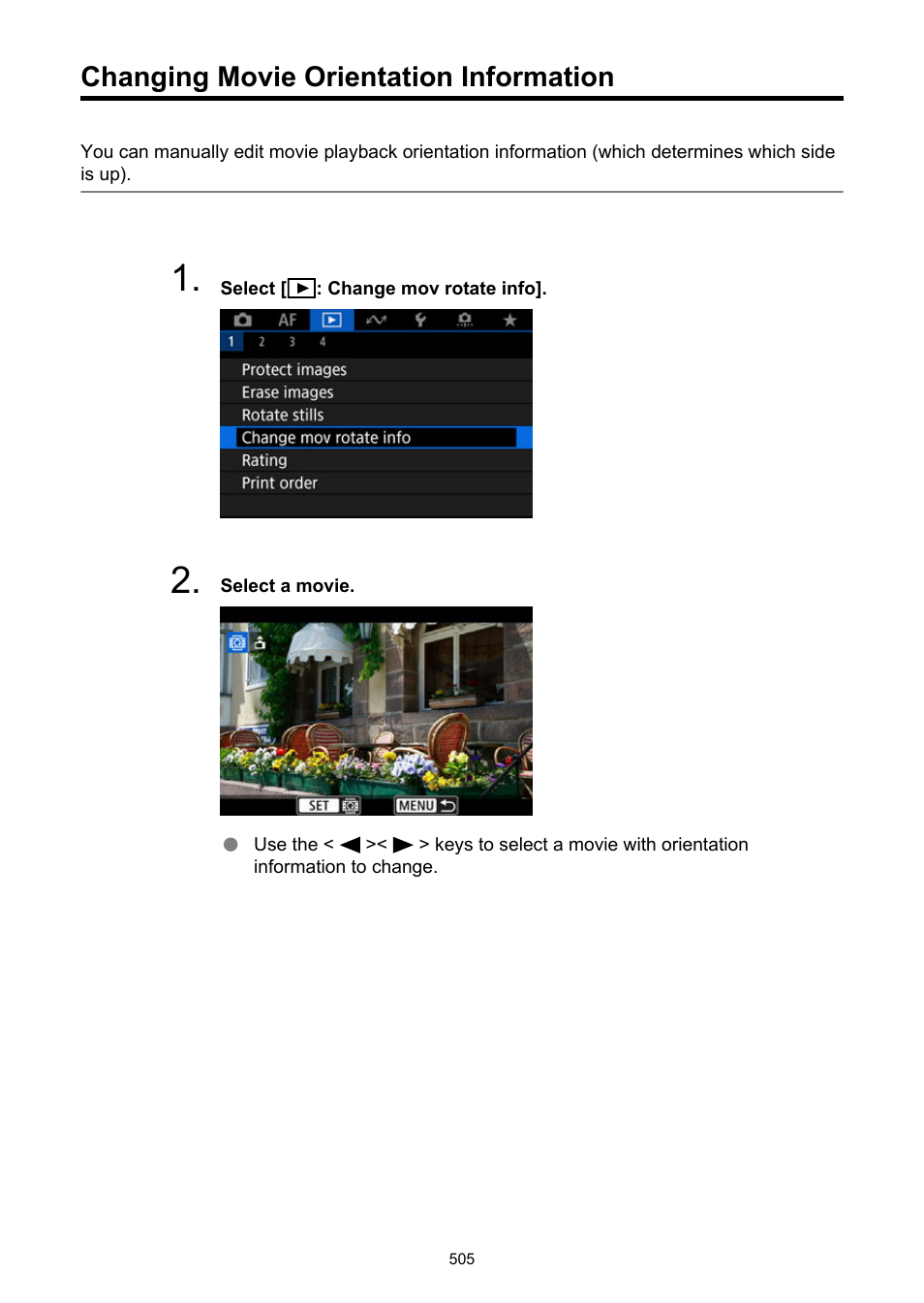 Changing movie orientation information, Change mov rotate info | Canon EOS R50 Mirrorless Camera (White) User Manual | Page 505 / 810