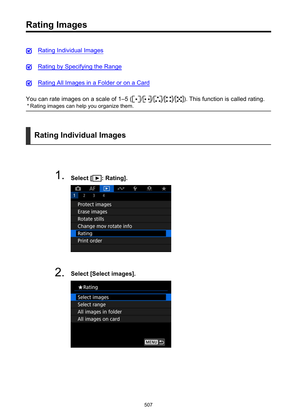 Rating images, Rating | Canon EOS R50 Mirrorless Camera (White) User Manual | Page 507 / 810