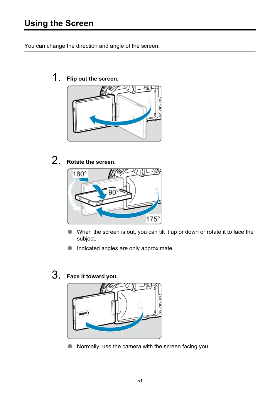 Using the screen | Canon EOS R50 Mirrorless Camera (White) User Manual | Page 51 / 810