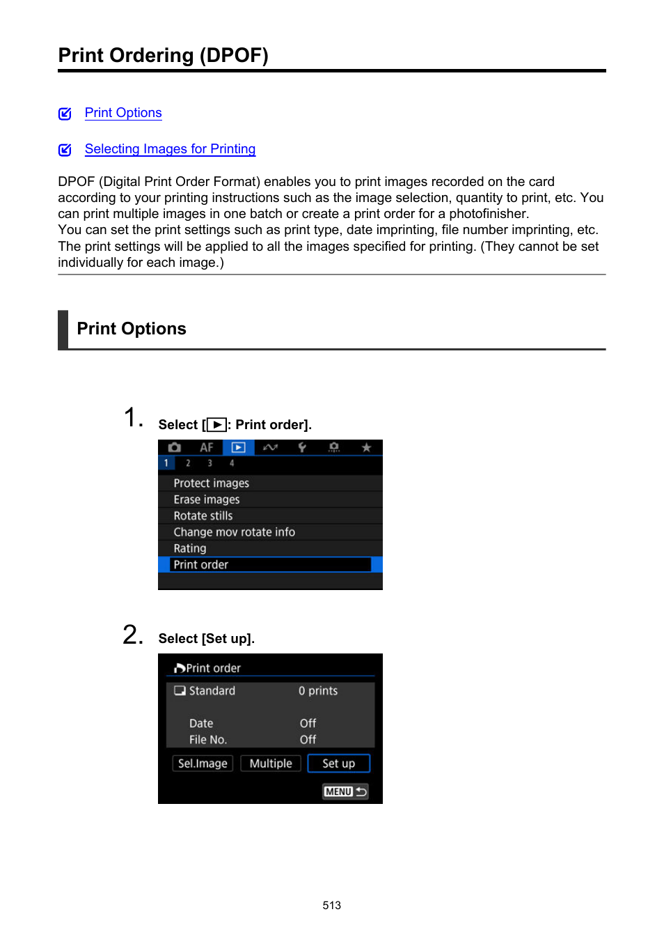 Print ordering (dpof), Print order | Canon EOS R50 Mirrorless Camera (White) User Manual | Page 513 / 810